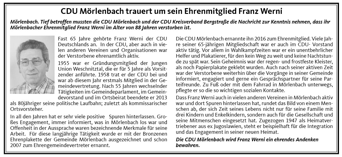 CDU Mörlenbach trauert um ihr Ehrenmitglied Franz Werni